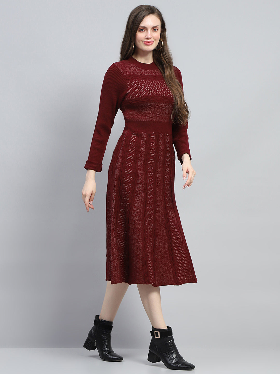 Women Maroon Self Design Round Neck Full Sleeve Dress