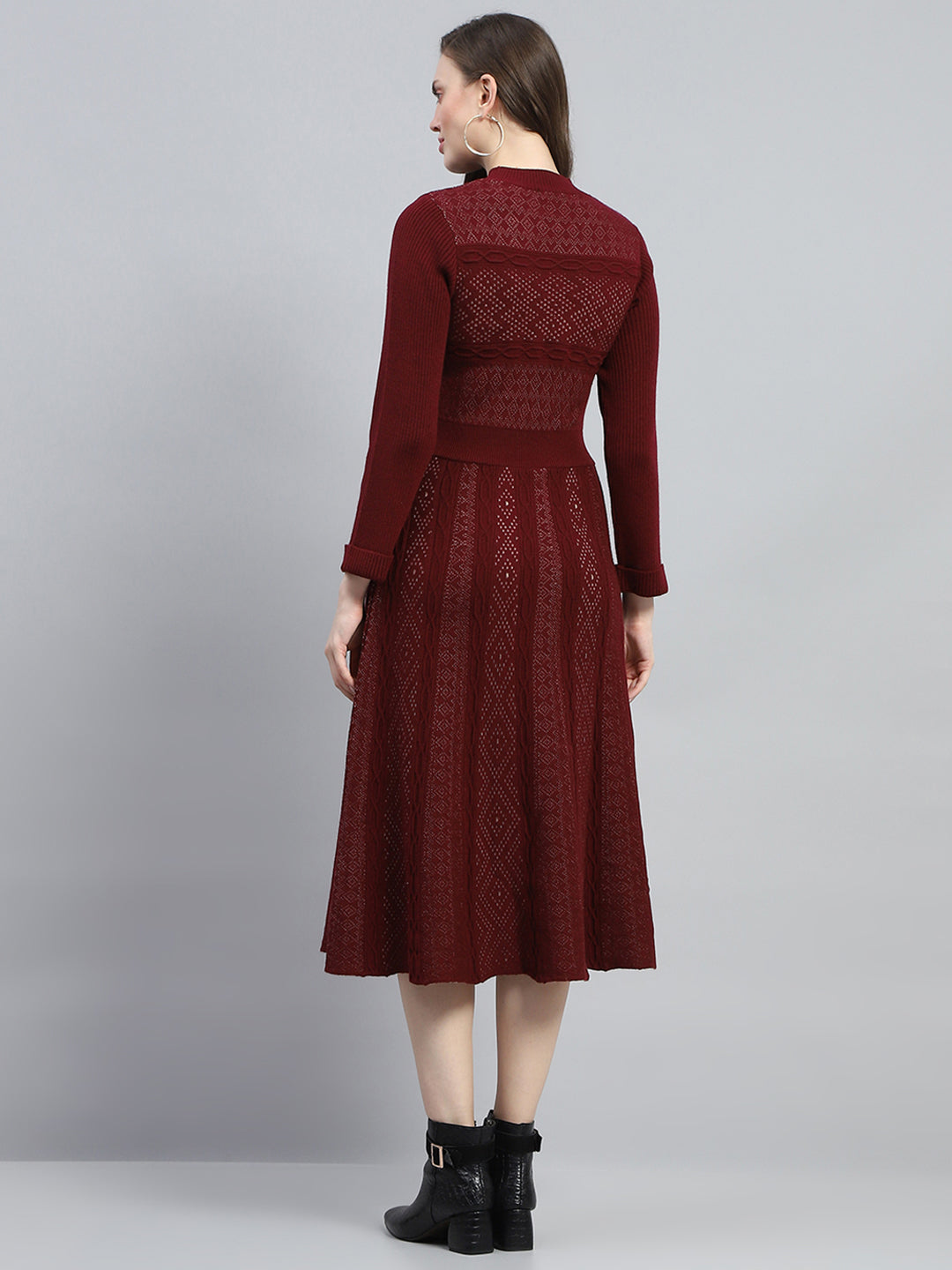 Women Maroon Self Design Round Neck Full Sleeve Dress