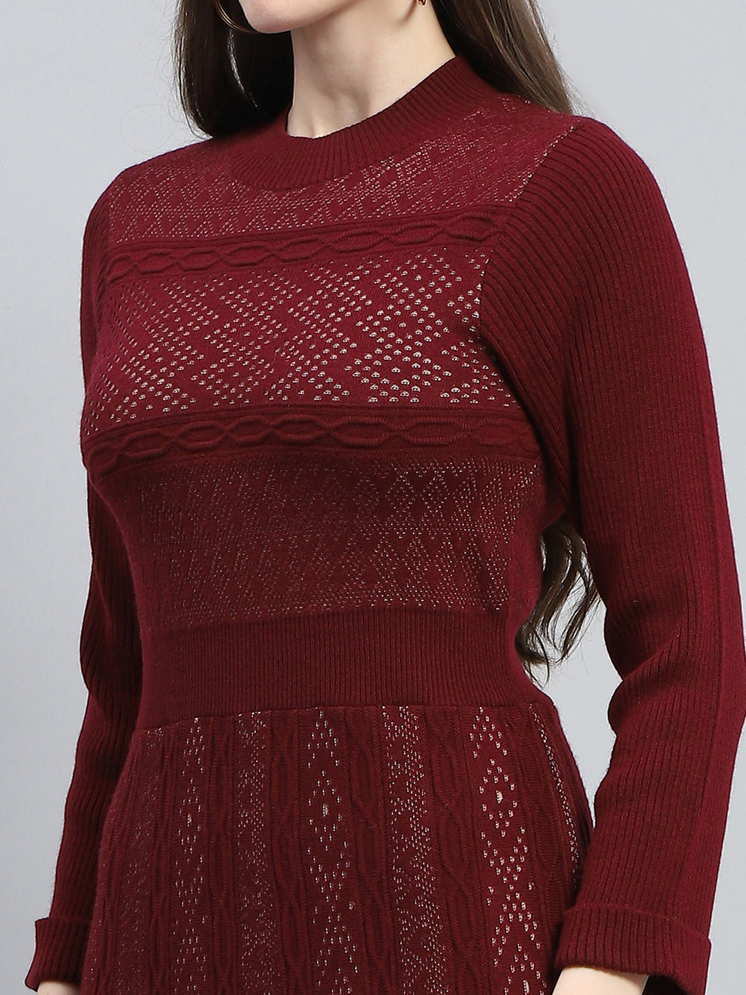 Women Maroon Self Design Round Neck Full Sleeve Dress