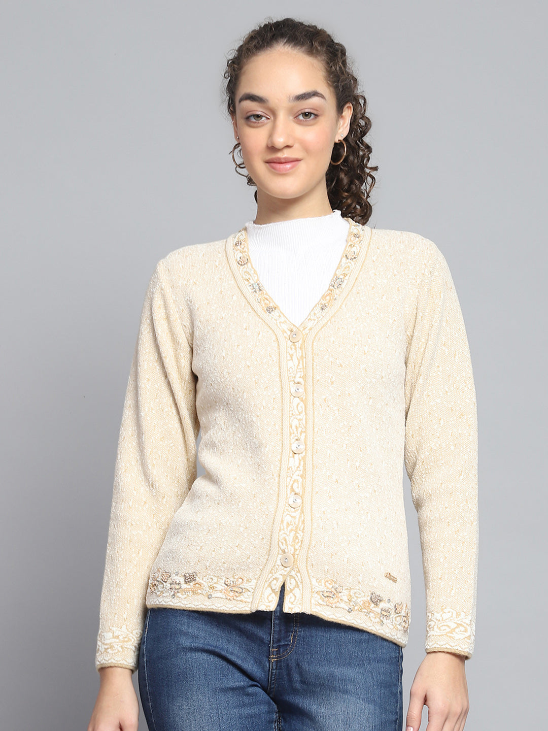 Women Beige Self Design V Neck Full Sleeve Cardigan
