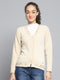 Women Beige Self Design V Neck Full Sleeve Cardigan