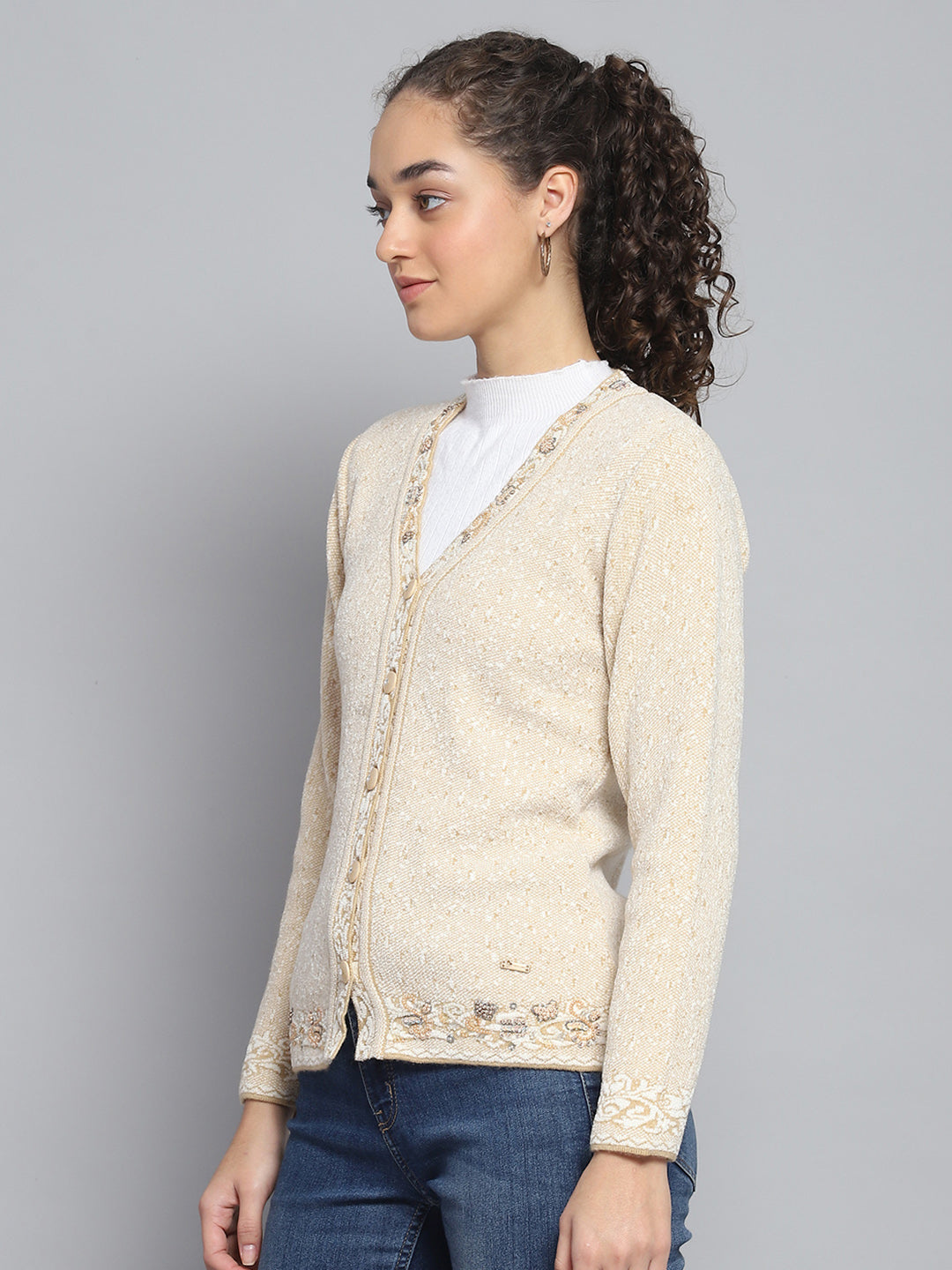 Women Beige Self Design V Neck Full Sleeve Cardigan