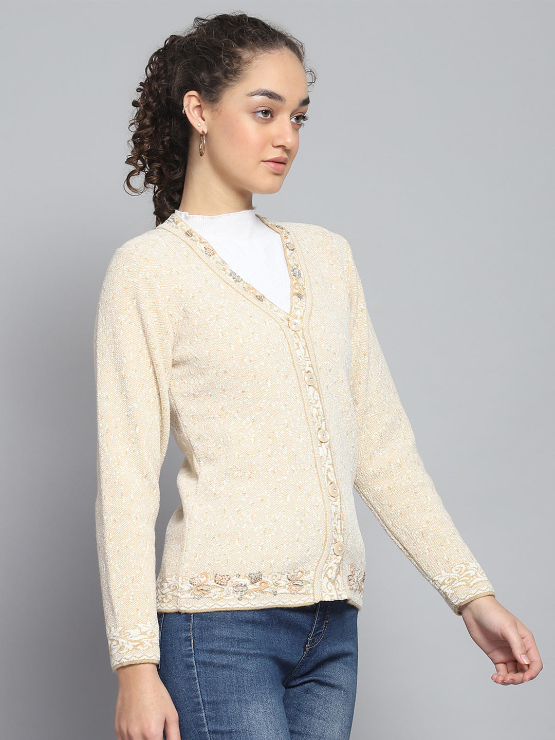 Women Beige Self Design V Neck Full Sleeve Cardigan