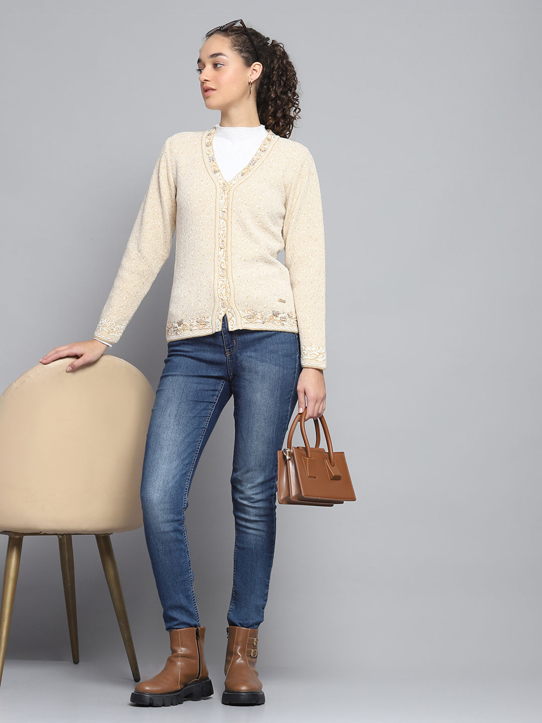 Women Beige Self Design V Neck Full Sleeve Cardigan