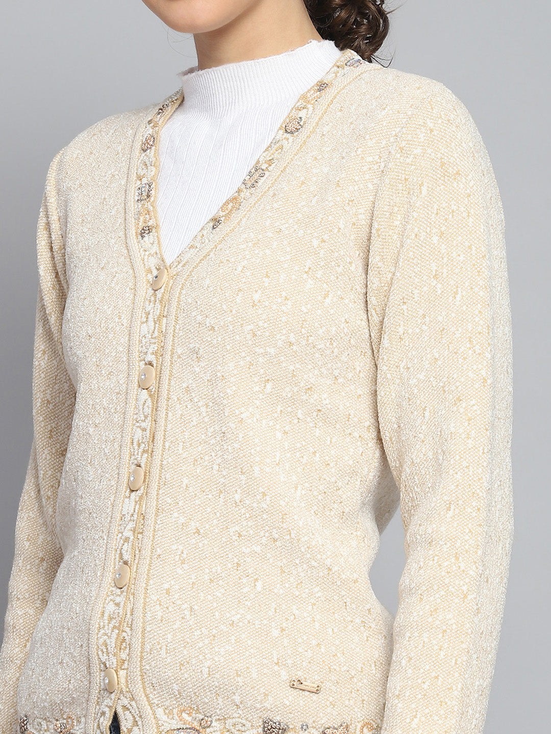 Women Beige Self Design V Neck Full Sleeve Cardigan