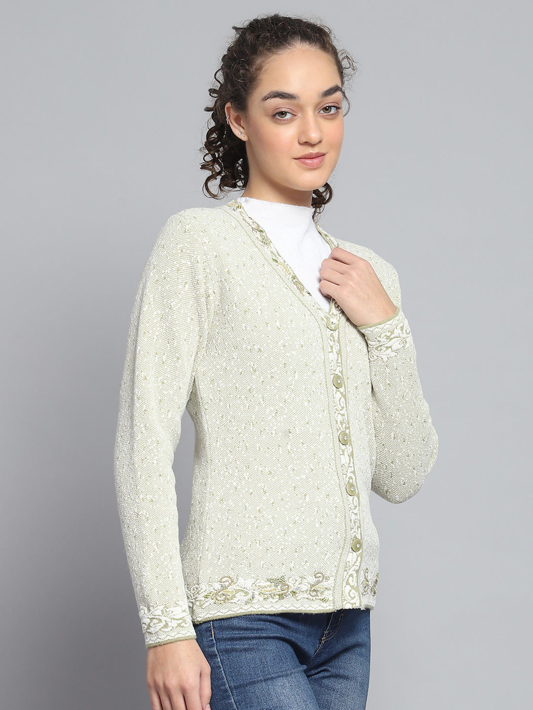 Women Green Self Design V Neck Full Sleeve Cardigan