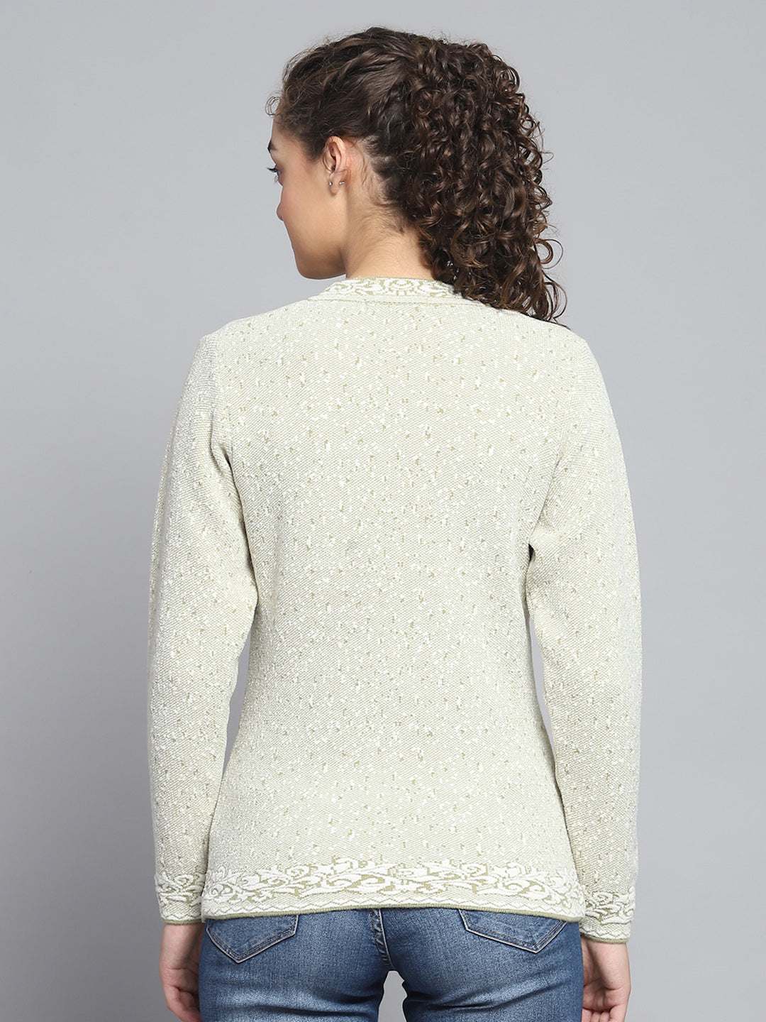 Women Green Self Design V Neck Full Sleeve Cardigan