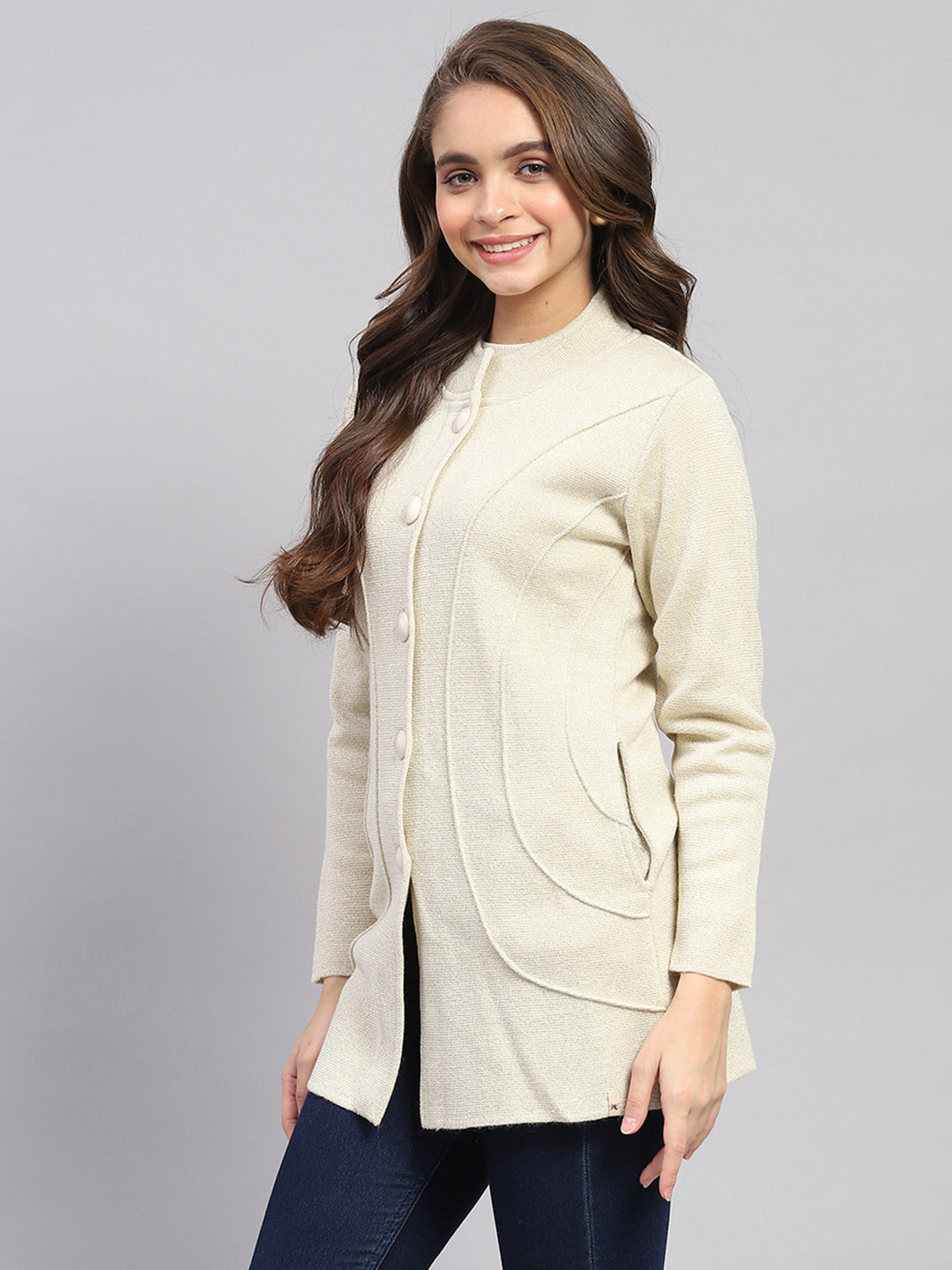 Women Beige Milano Knit Round Neck Full Sleeve Knitted Coat