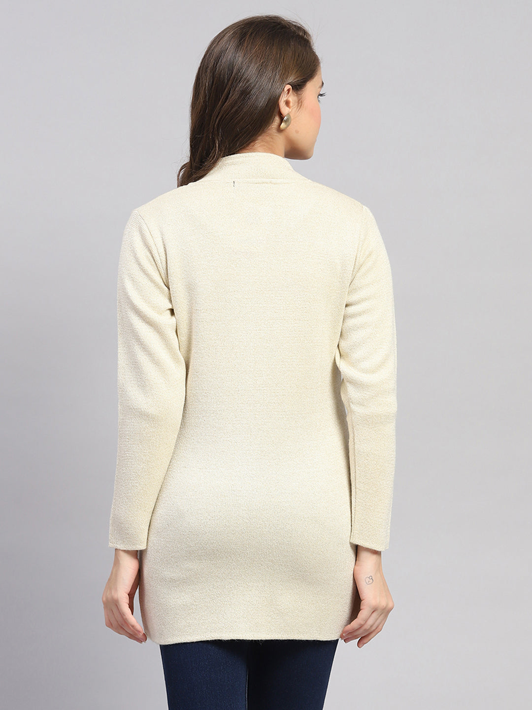 Women Beige Milano Knit Round Neck Full Sleeve Knitted Coat