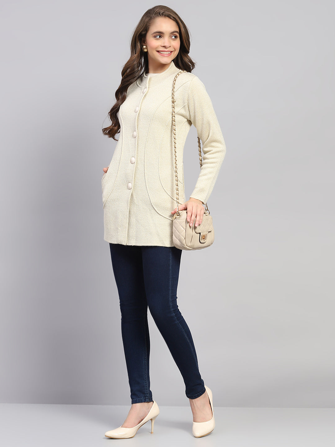 Women Beige Milano Knit Round Neck Full Sleeve Knitted Coat