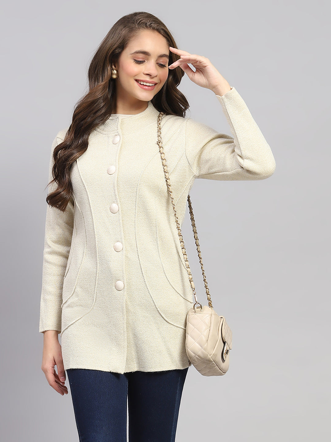 Women Beige Milano Knit Round Neck Full Sleeve Knitted Coat