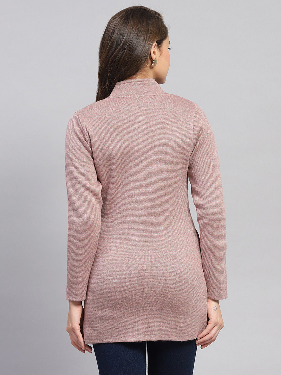 Women Pink Milano Knit Round Neck Full Sleeve Knitted Coat
