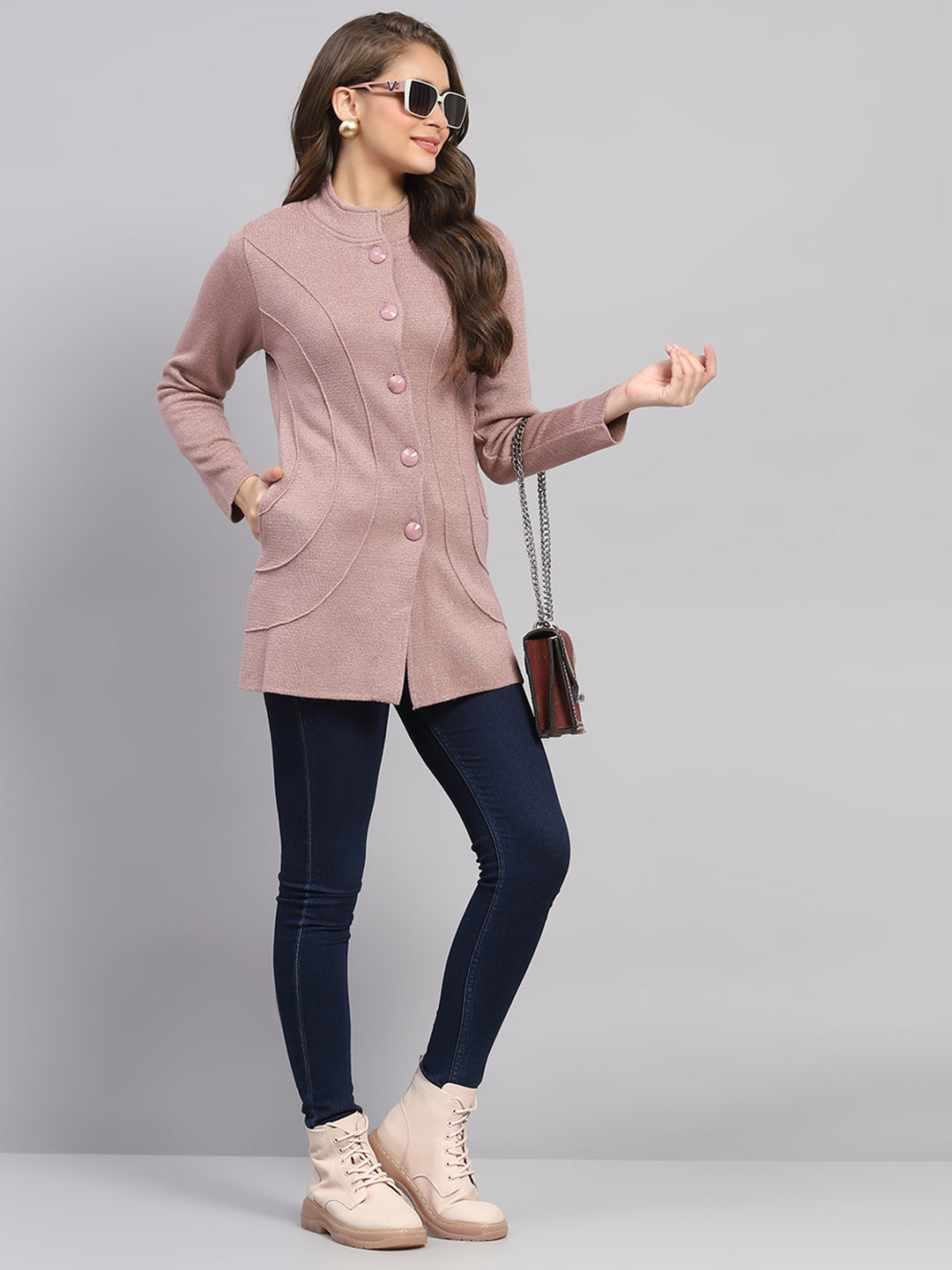 Women Pink Milano Knit Round Neck Full Sleeve Knitted Coat