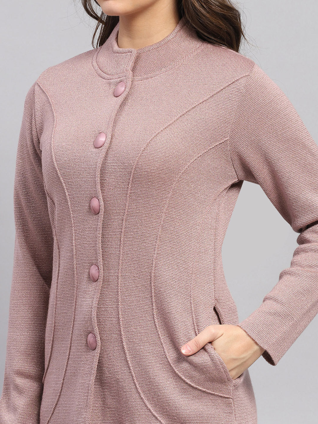 Women Pink Milano Knit Round Neck Full Sleeve Knitted Coat