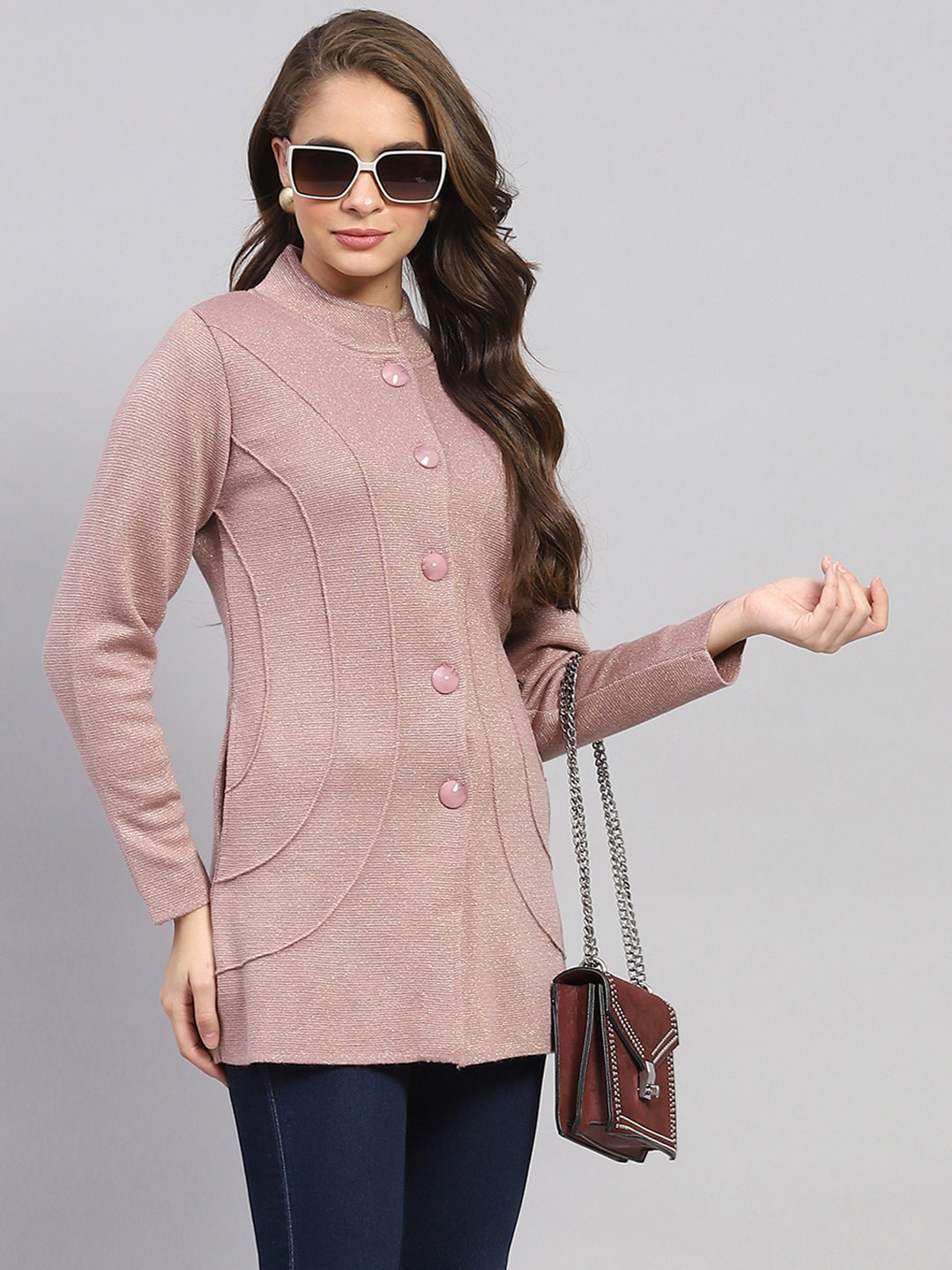 Women Pink Milano Knit Round Neck Full Sleeve Knitted Coat