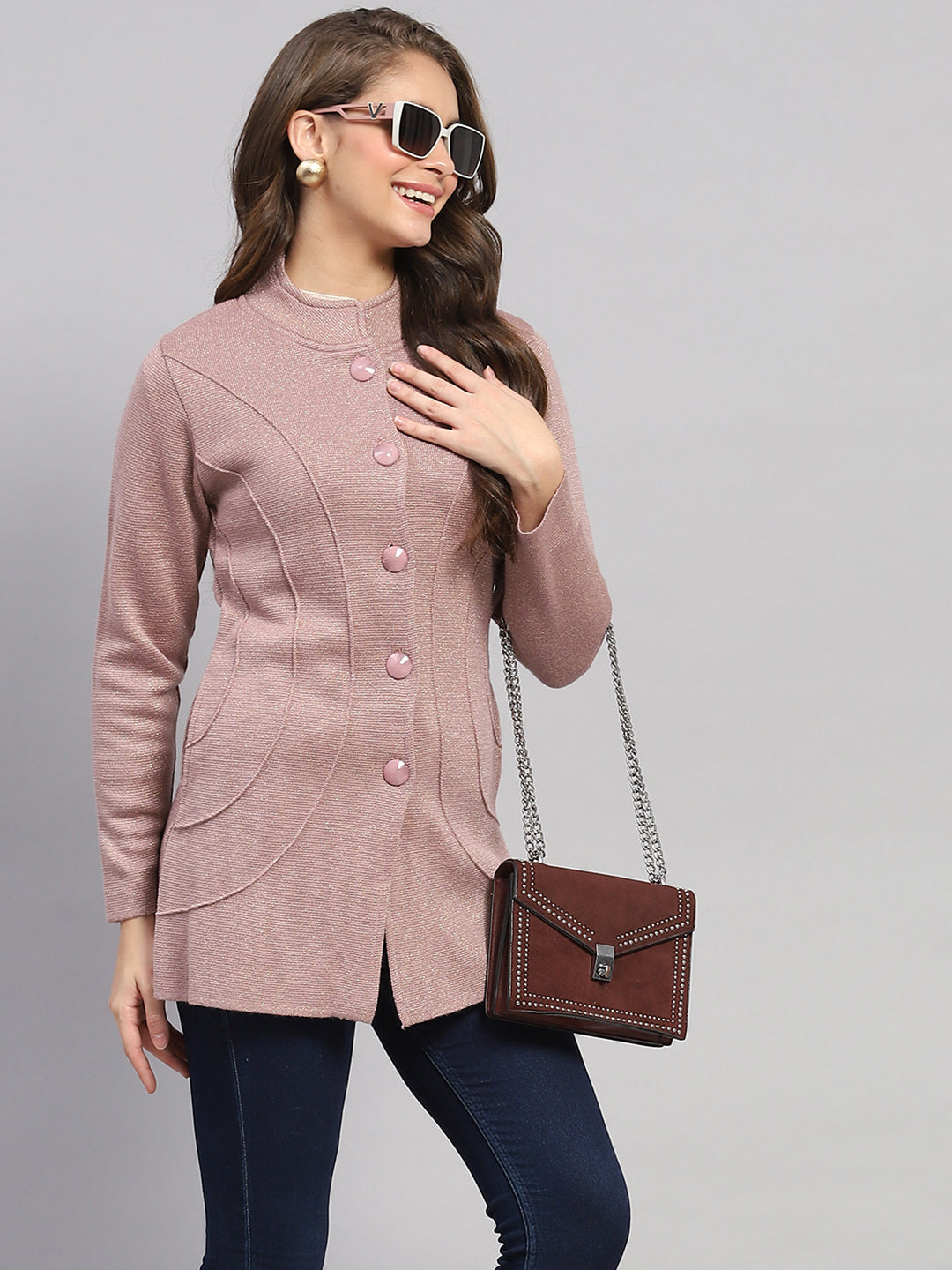 Women Pink Milano Knit Round Neck Full Sleeve Knitted Coat
