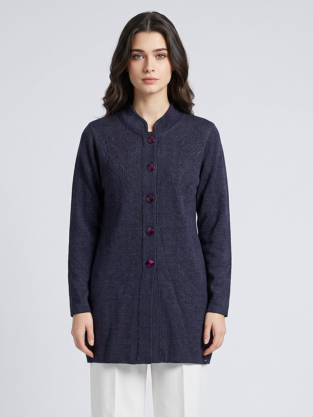 Women Navy Blue Designer Round Neck Full Sleeve Coat