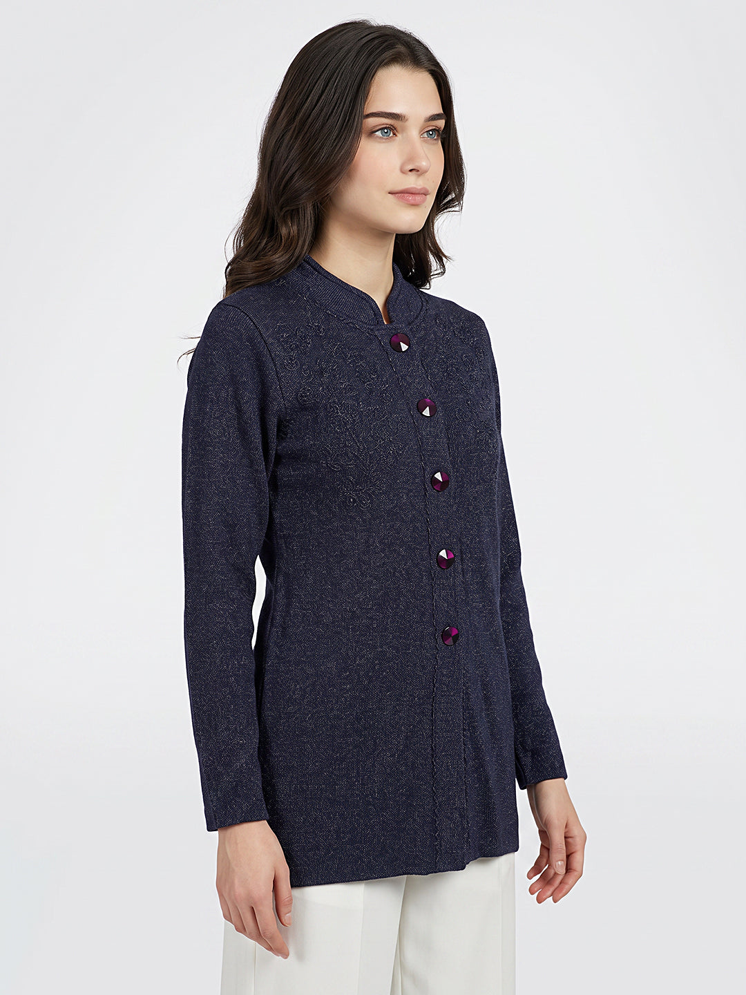 Women Navy Blue Designer Round Neck Full Sleeve Coat