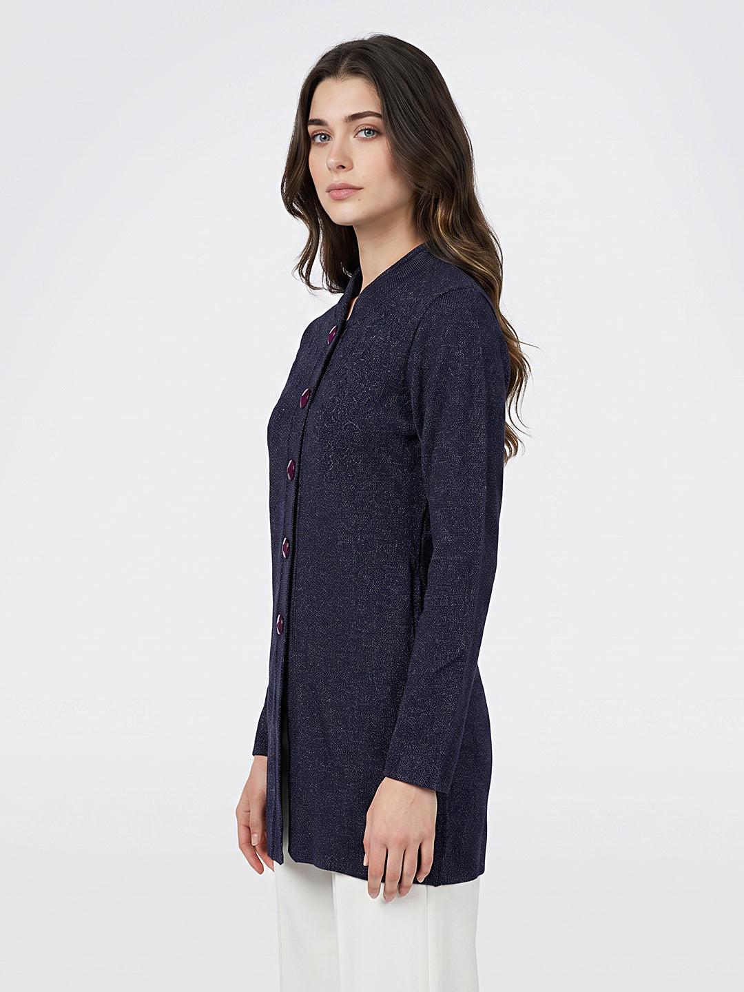 Women Navy Blue Designer Round Neck Full Sleeve Coat
