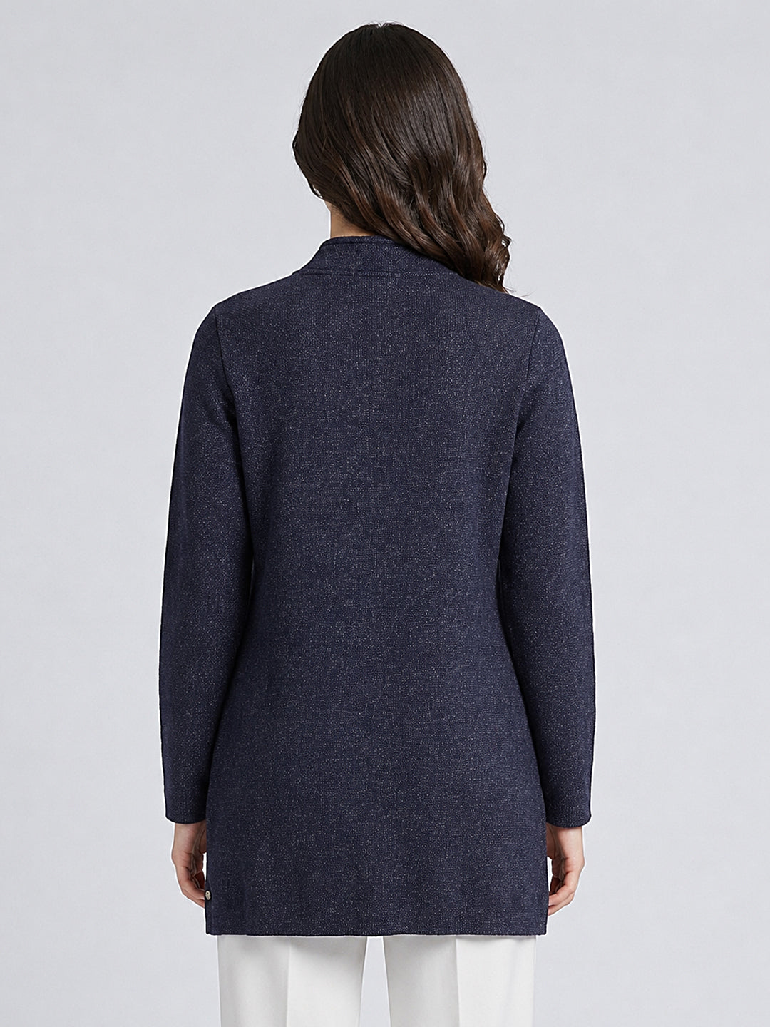 Women Navy Blue Designer Round Neck Full Sleeve Coat