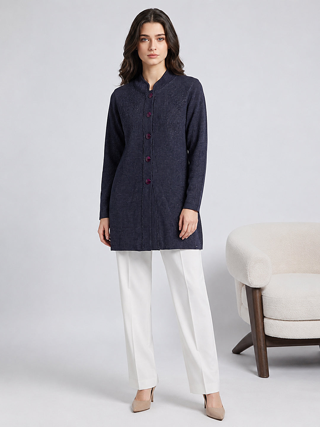 Women Navy Blue Designer Round Neck Full Sleeve Coat