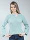 Women Blue Self Design Round Neck Full Sleeve Winter Top