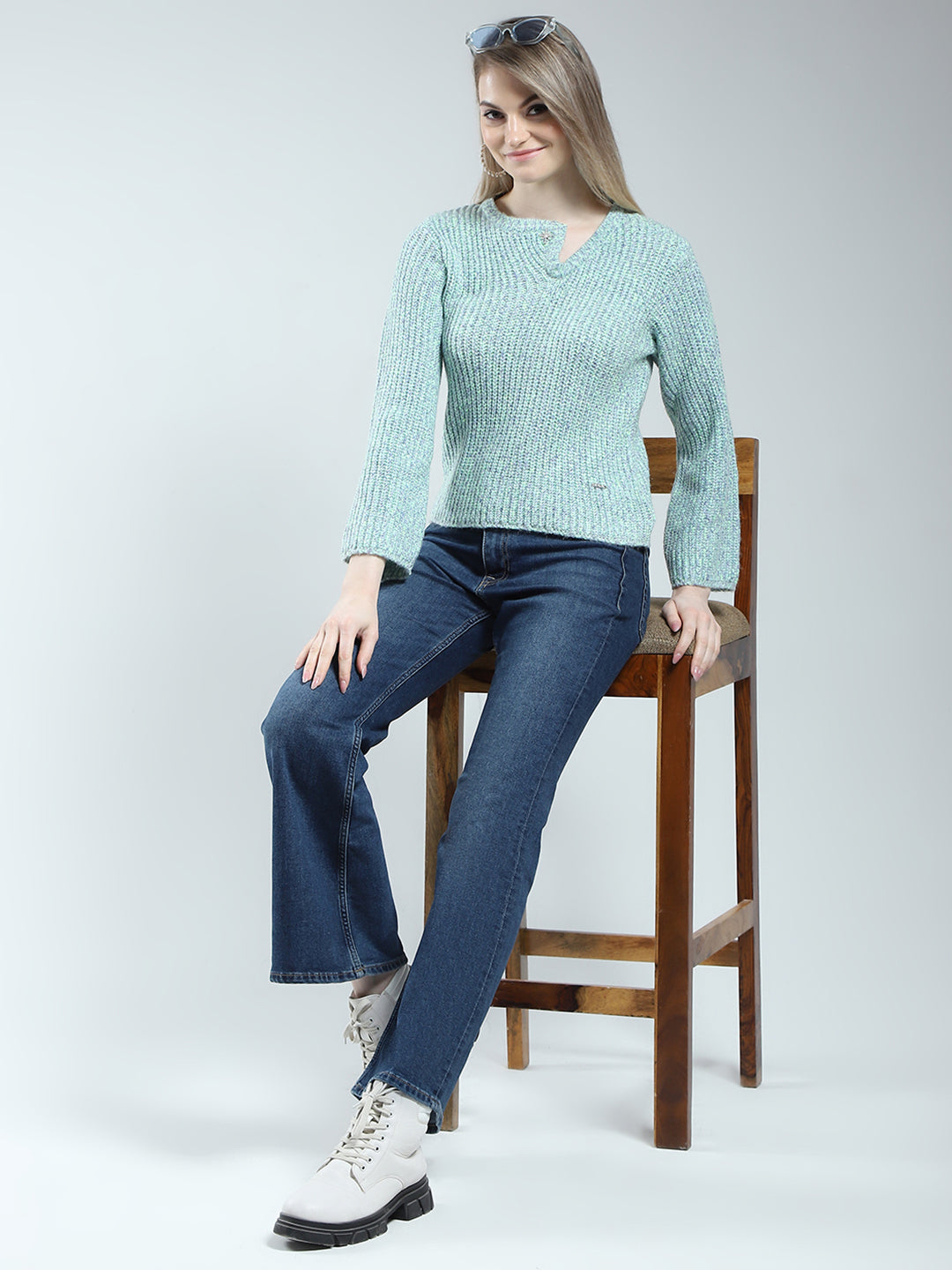 Women Blue Self Design Round Neck Full Sleeve Winter Top