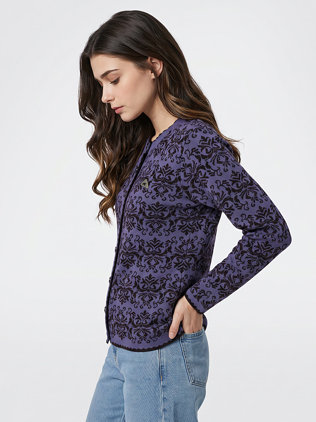 Women Purple Self Design Round Neck Full Sleeve Cardigan