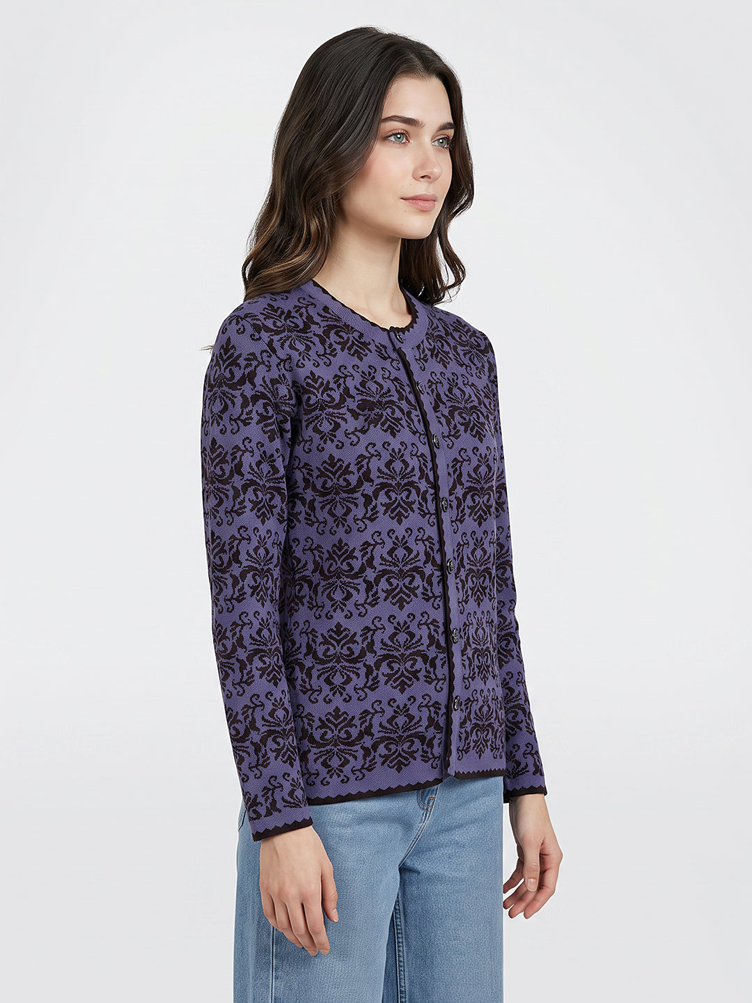 Women Purple Self Design Round Neck Full Sleeve Cardigan