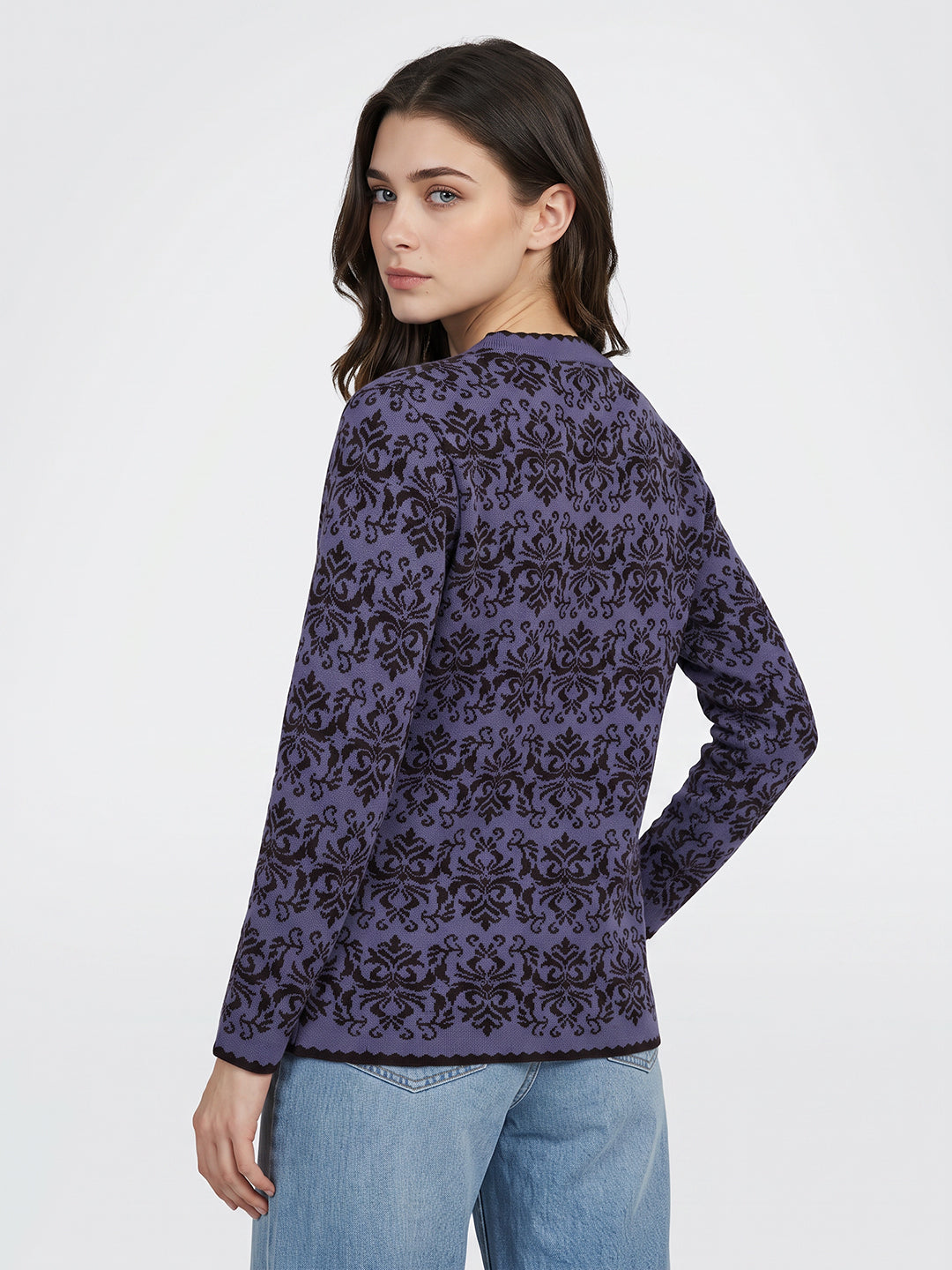 Women Purple Self Design Round Neck Full Sleeve Cardigan