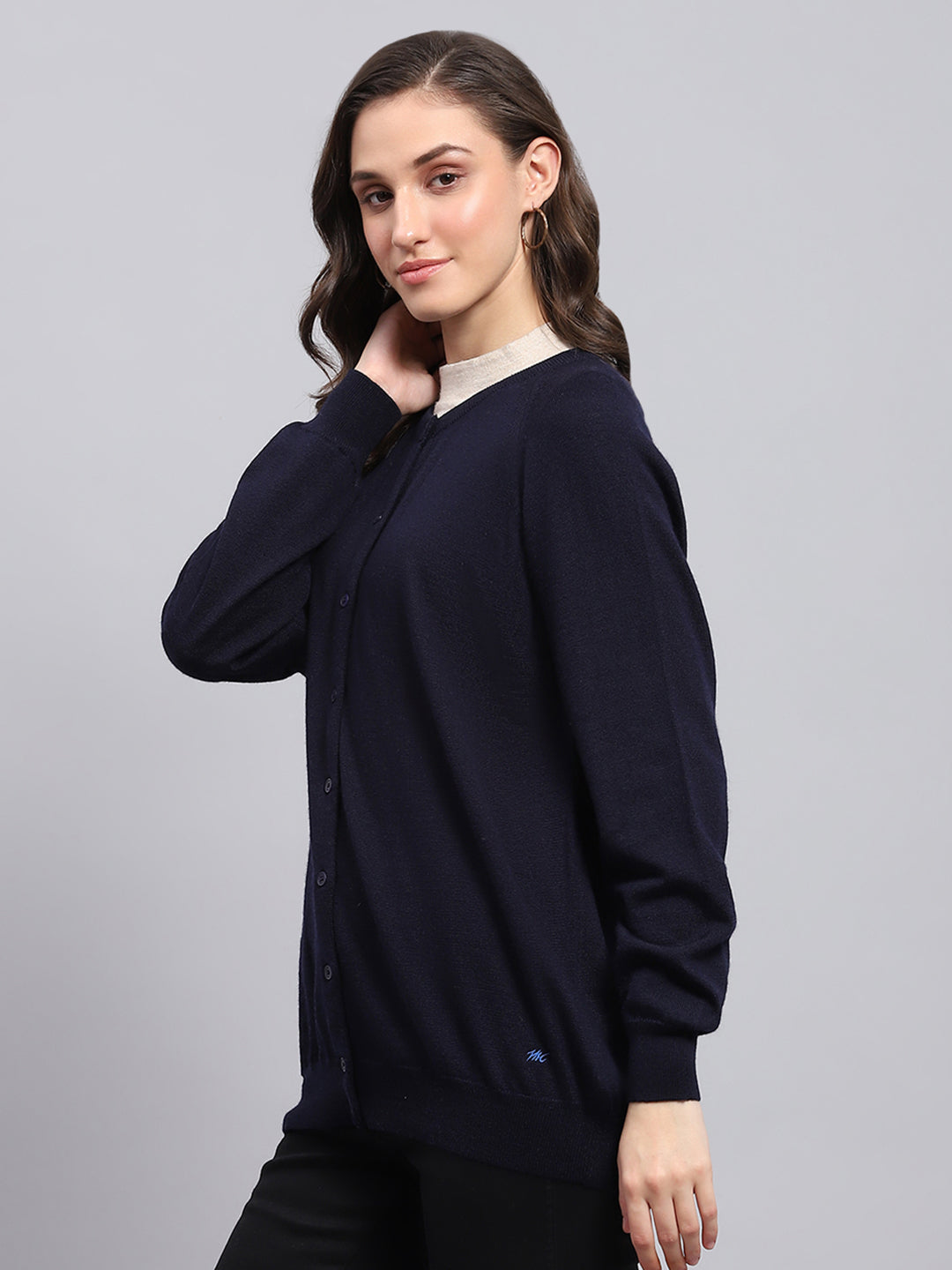 Women Navy Blue Solid Round Neck Full Sleeve Cardigan
