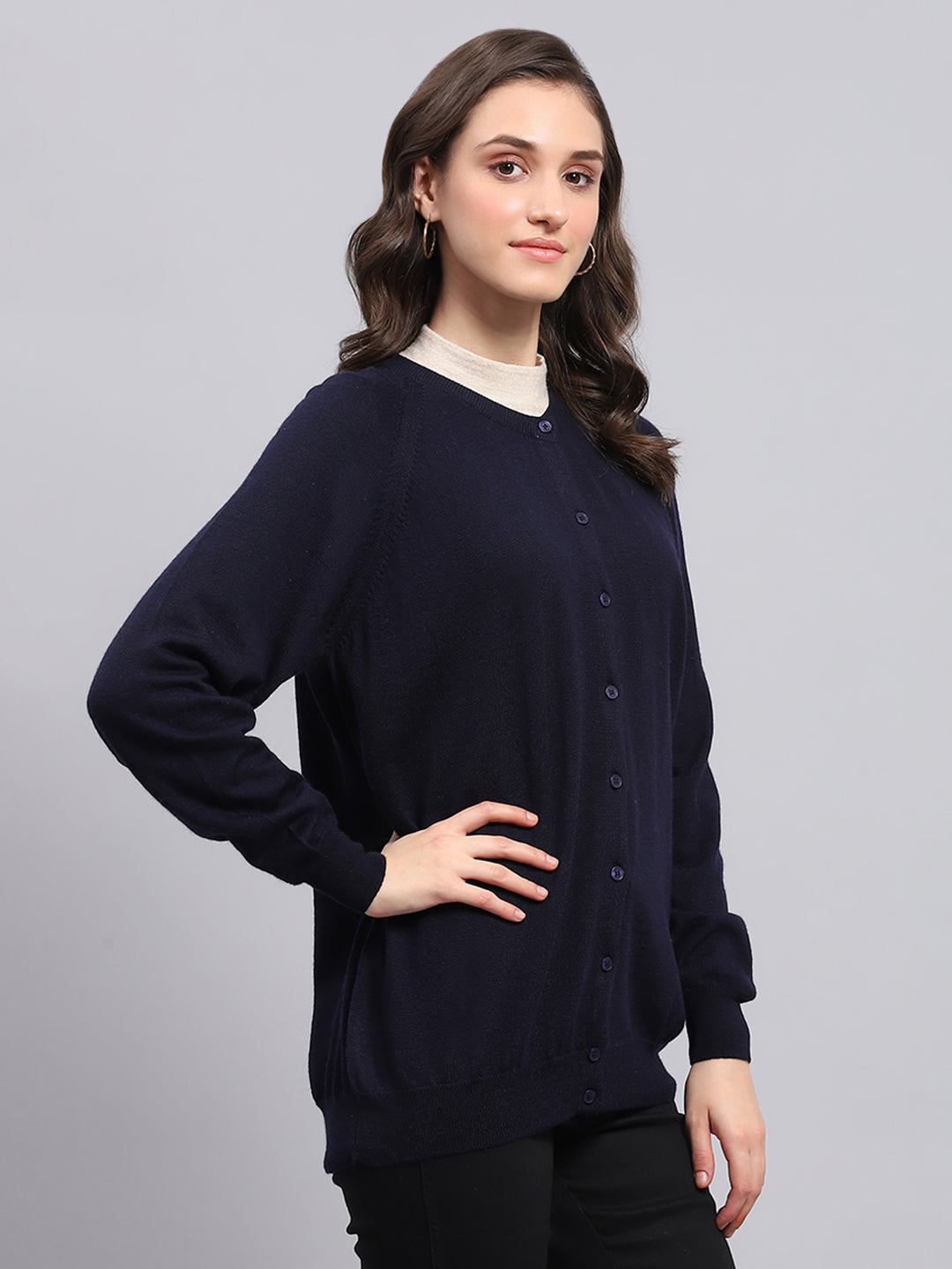 Women Navy Blue Solid Round Neck Full Sleeve Cardigan