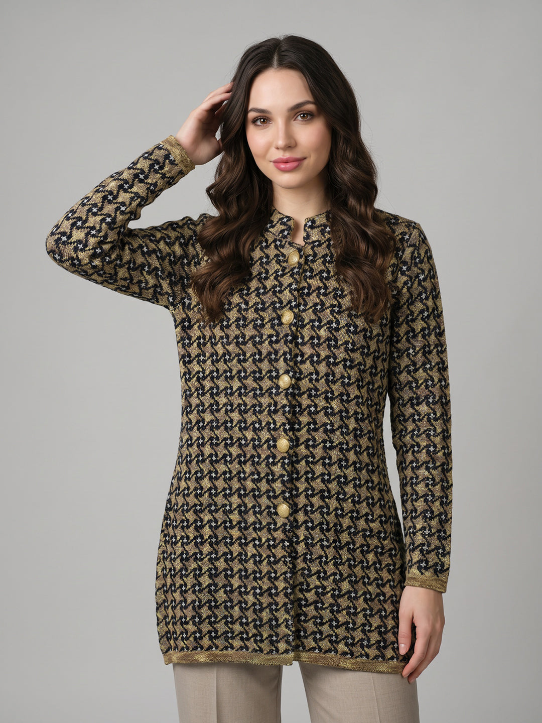 Women Yellow Jacquard Stand Collar Full Sleeve Coat