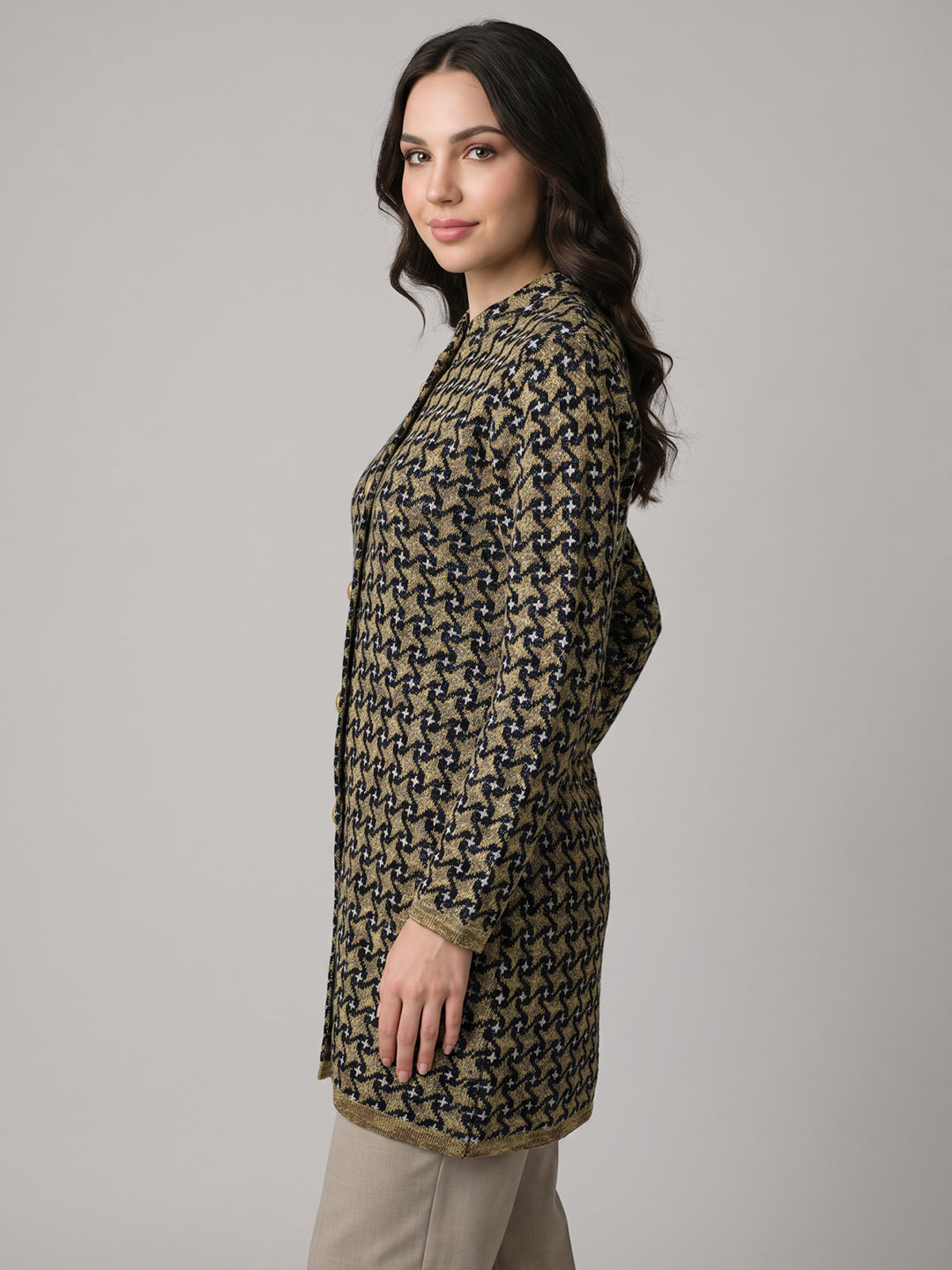Women Yellow Jacquard Stand Collar Full Sleeve Coat