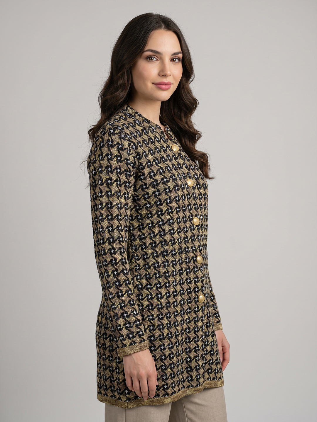 Women Yellow Jacquard Stand Collar Full Sleeve Coat