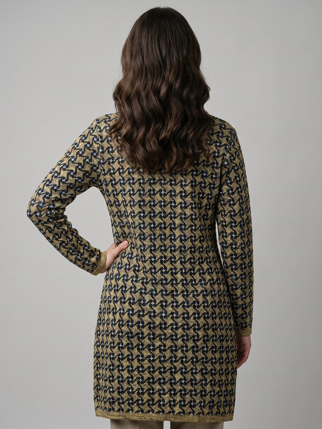 Women Yellow Jacquard Stand Collar Full Sleeve Coat