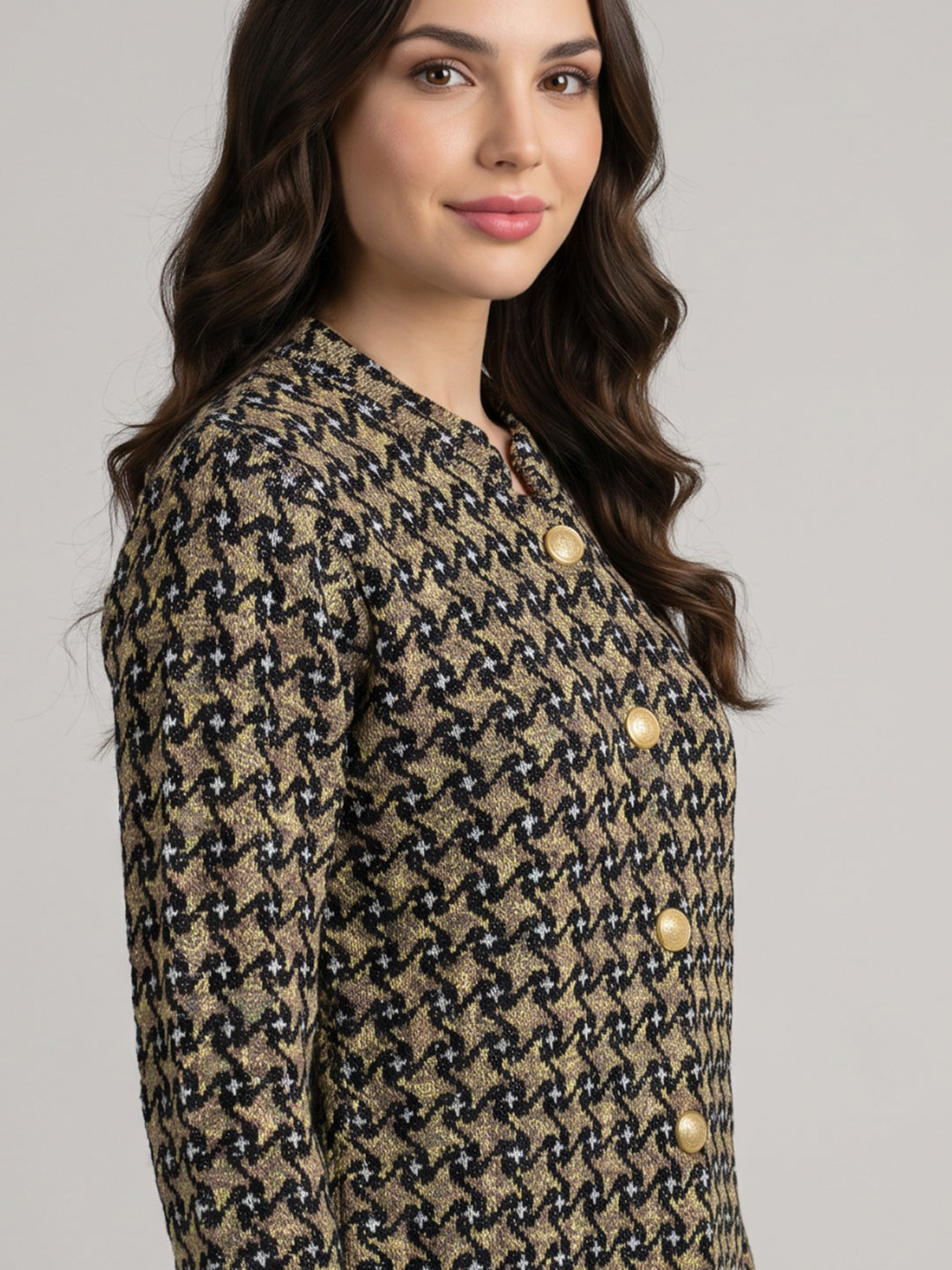 Women Yellow Jacquard Stand Collar Full Sleeve Coat