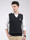Men Dark Grey Solid V Neck Sleeveless Sweater