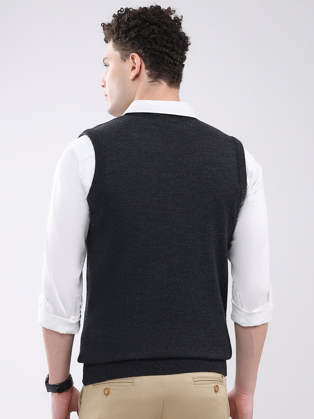 Men Dark Grey Solid V Neck Sleeveless Sweater