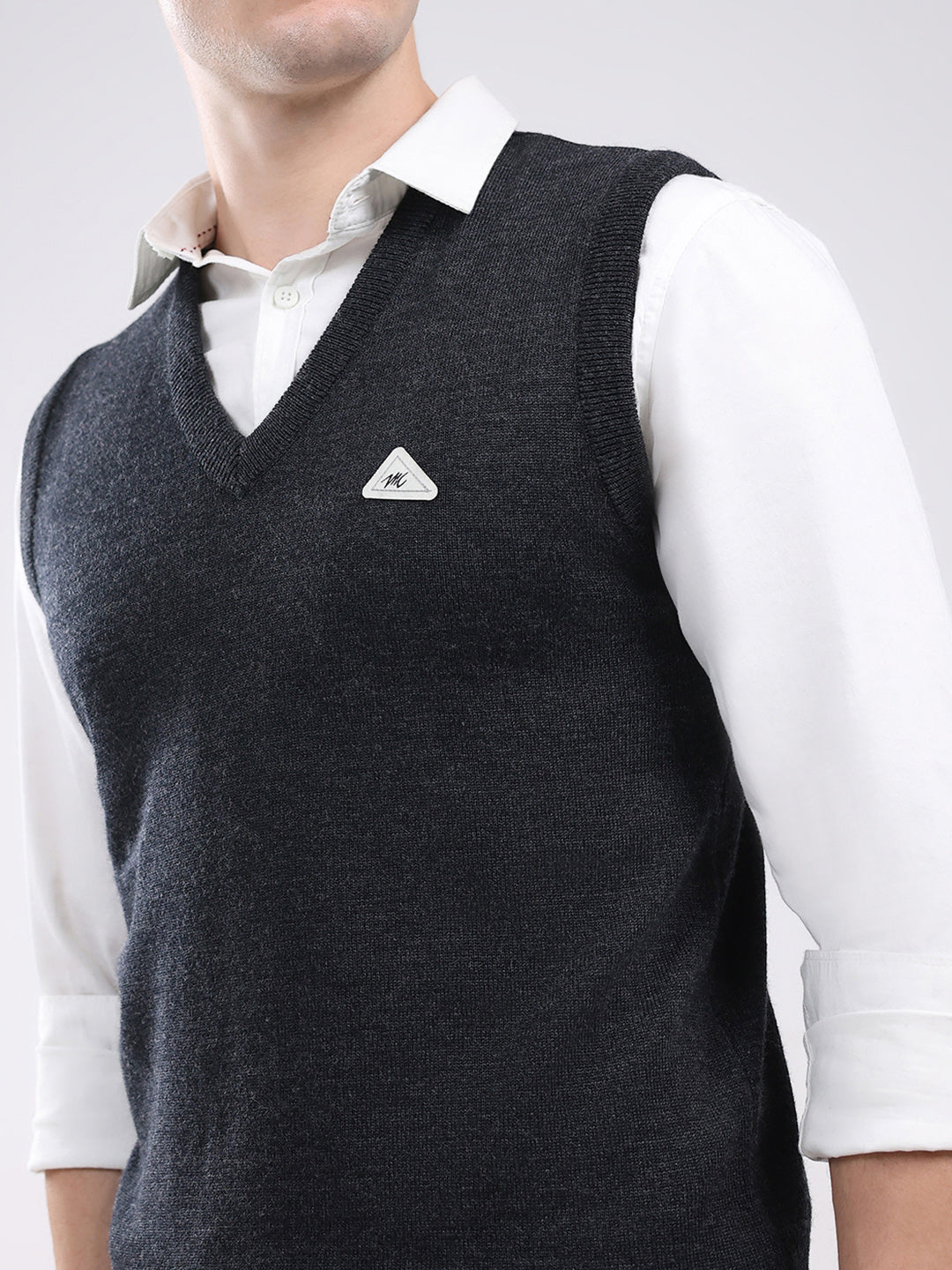 Men Dark Grey Solid V Neck Sleeveless Sweater