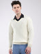 Men Cream Solid V Neck Full Sleeve Pullover
