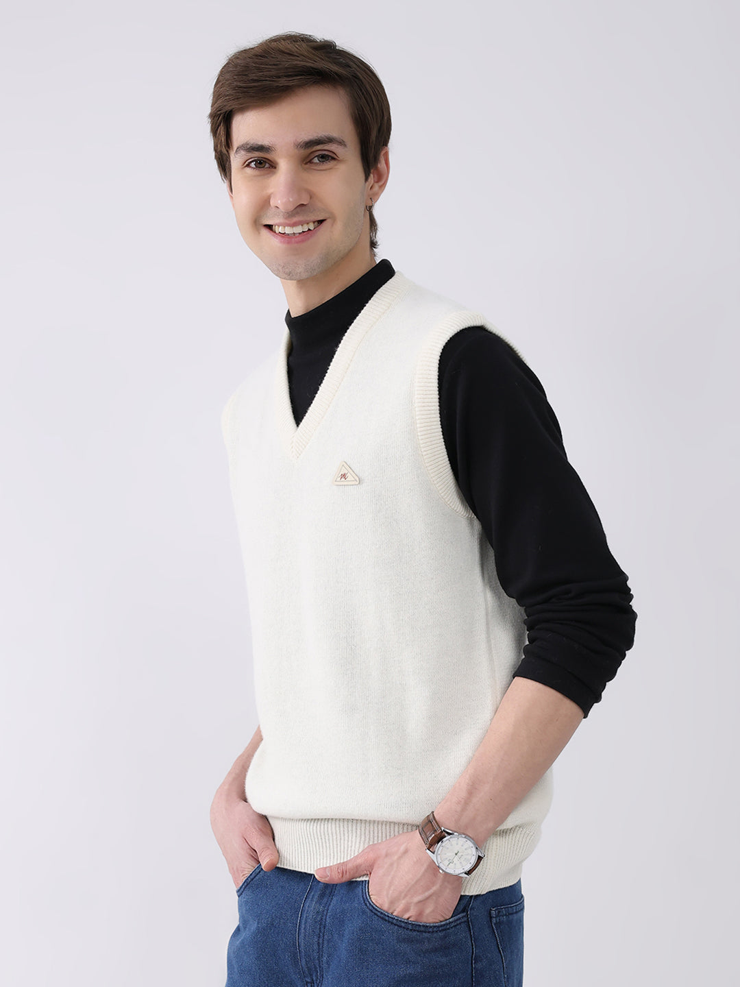 Men White Solid V Neck Sleeveless Sweater