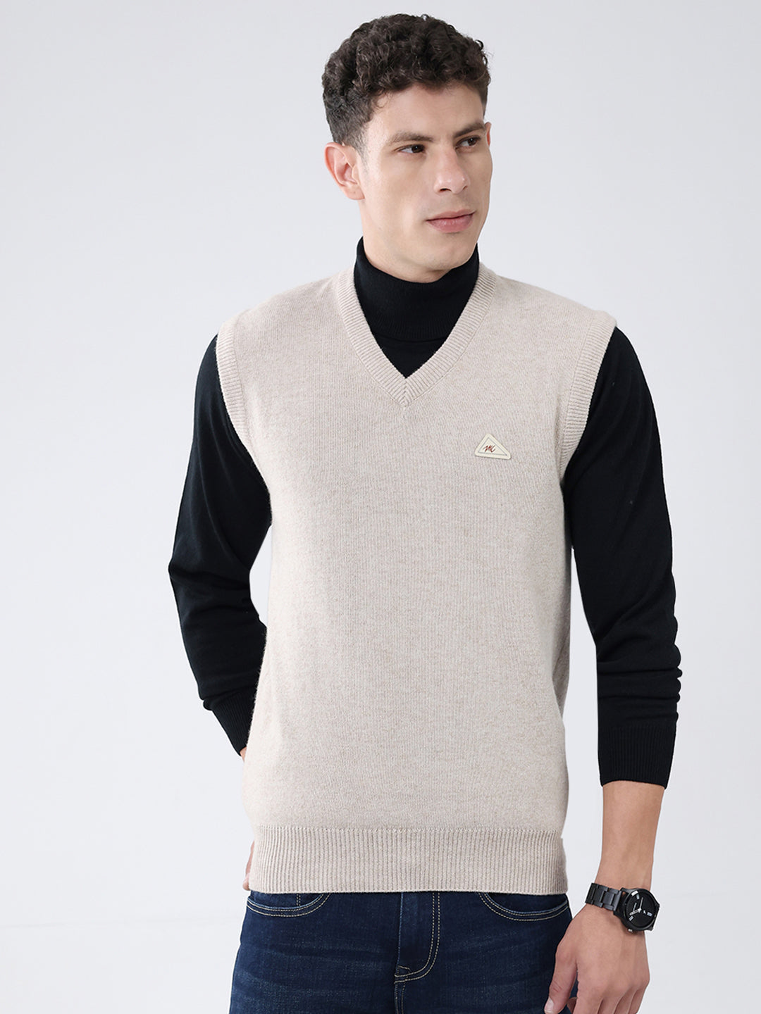 Men Beige Solid V Neck Sleeveless Sweater