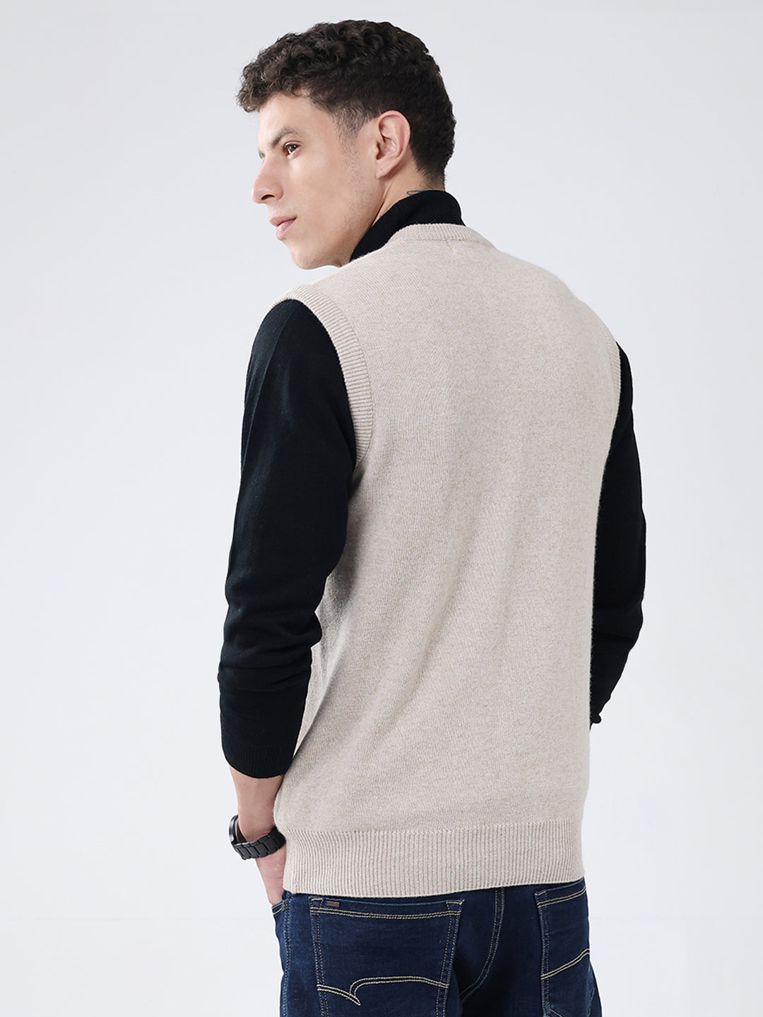 Men Beige Solid V Neck Sleeveless Sweater