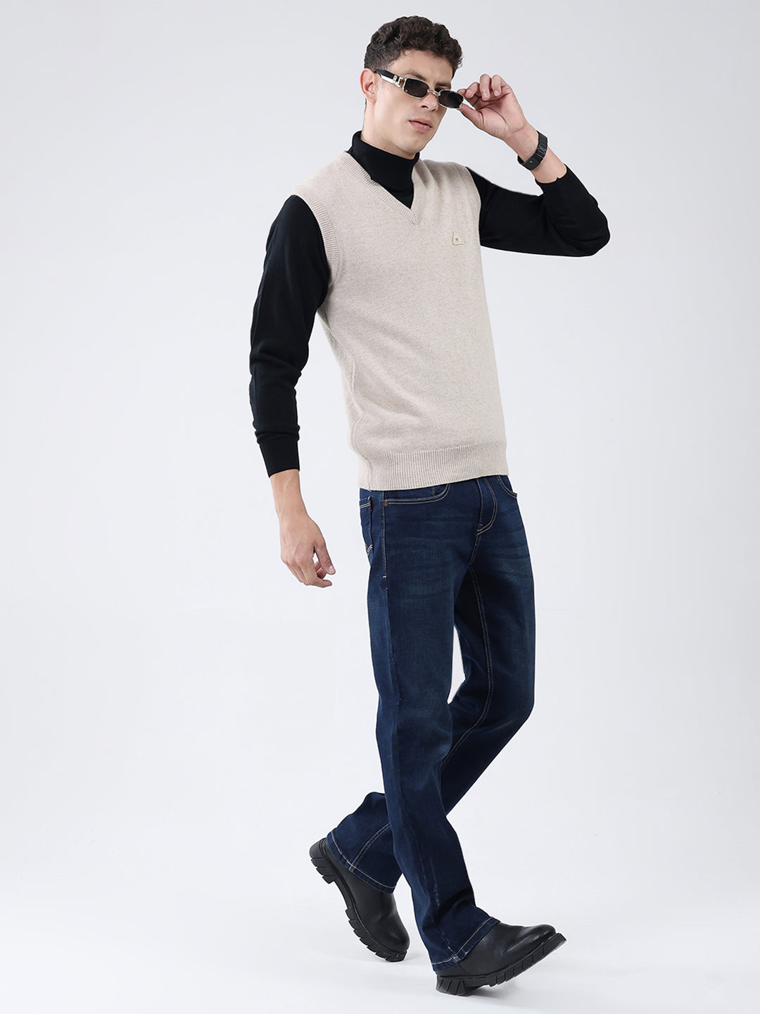 Men Beige Solid V Neck Sleeveless Sweater