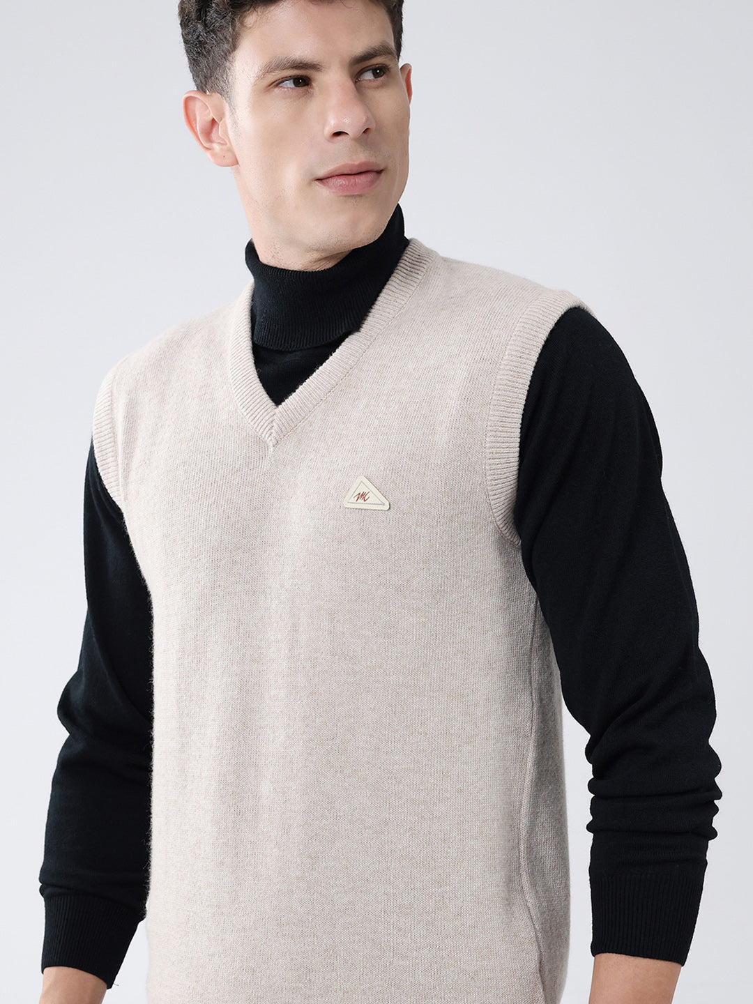 Men Beige Solid V Neck Sleeveless Sweater