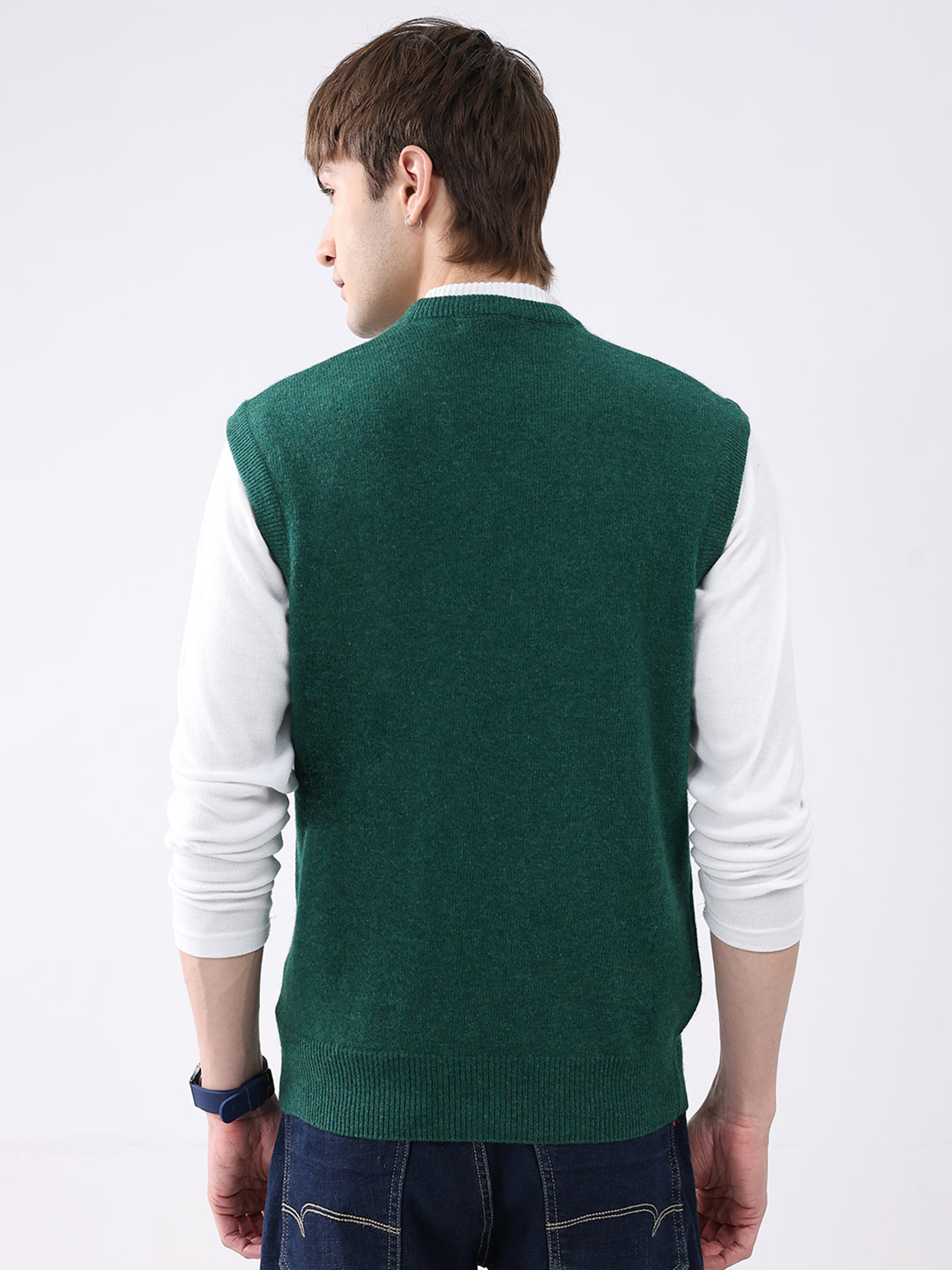 Men Green Solid V Neck Sleeveless Sweater