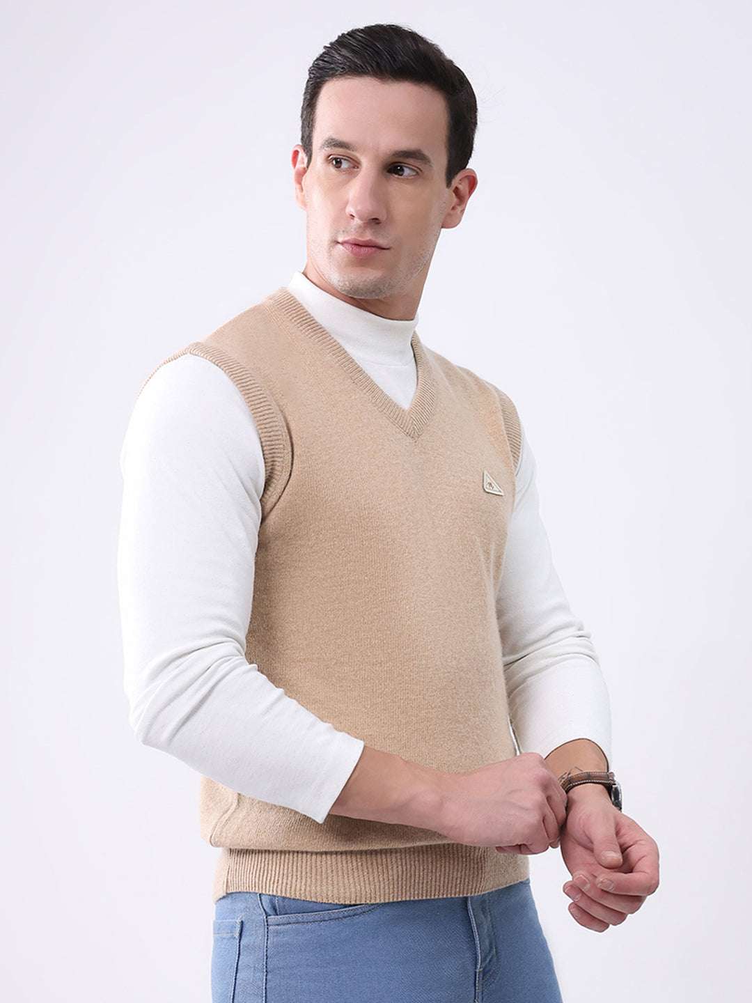 Men Beige Solid V Neck Sleeveless Sweater