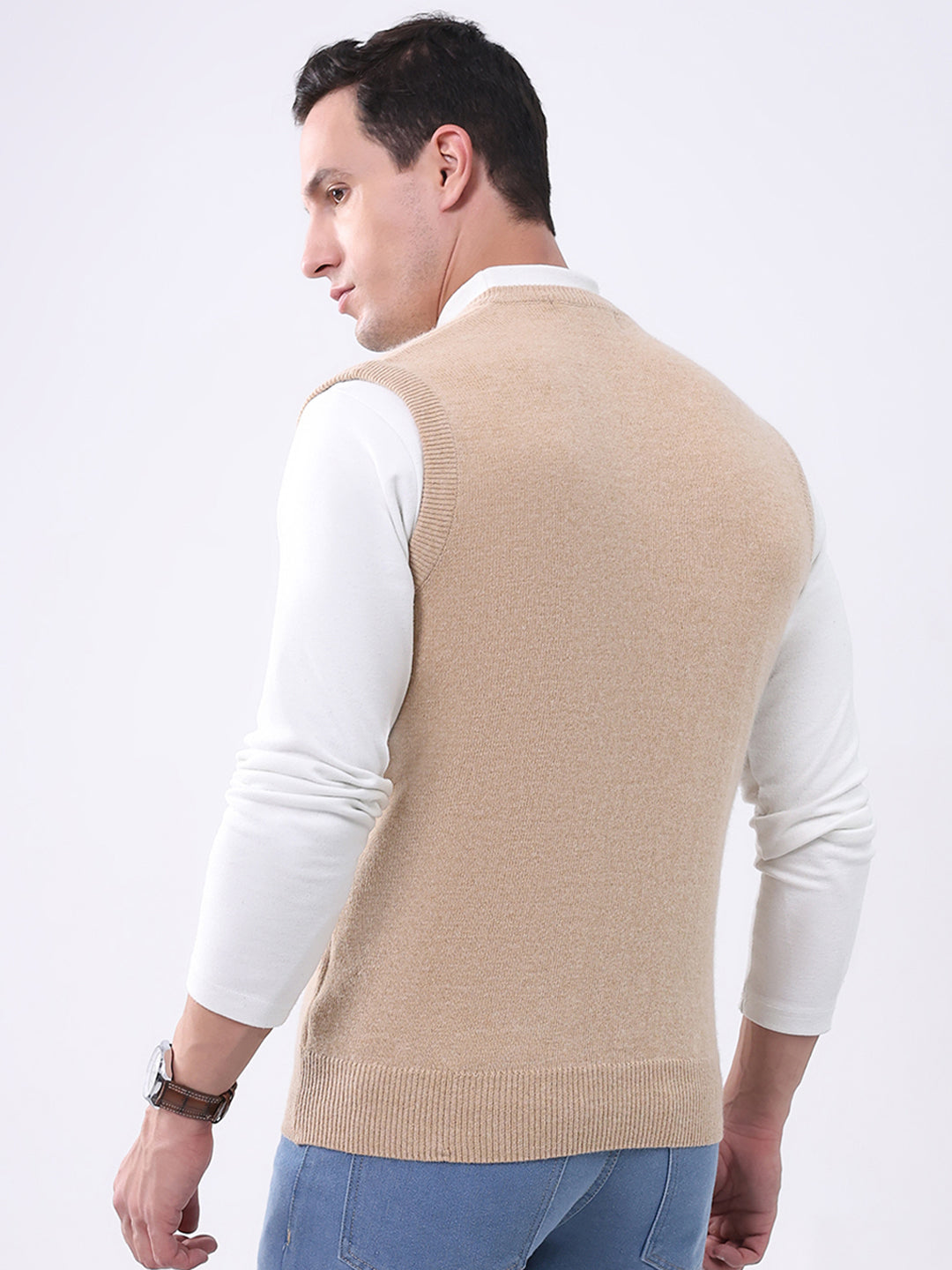 Men Beige Solid V Neck Sleeveless Sweater
