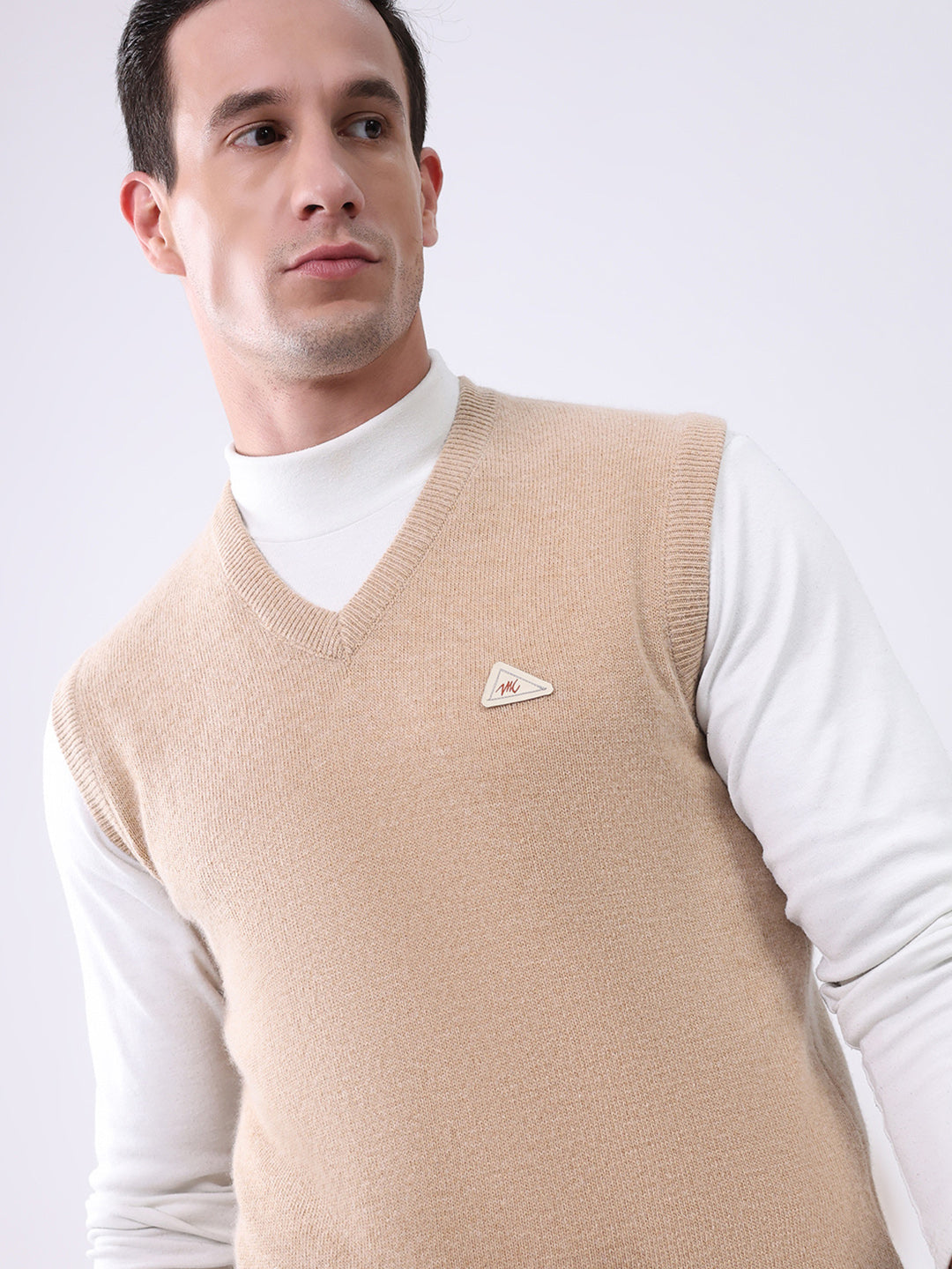 Men Beige Solid V Neck Sleeveless Sweater